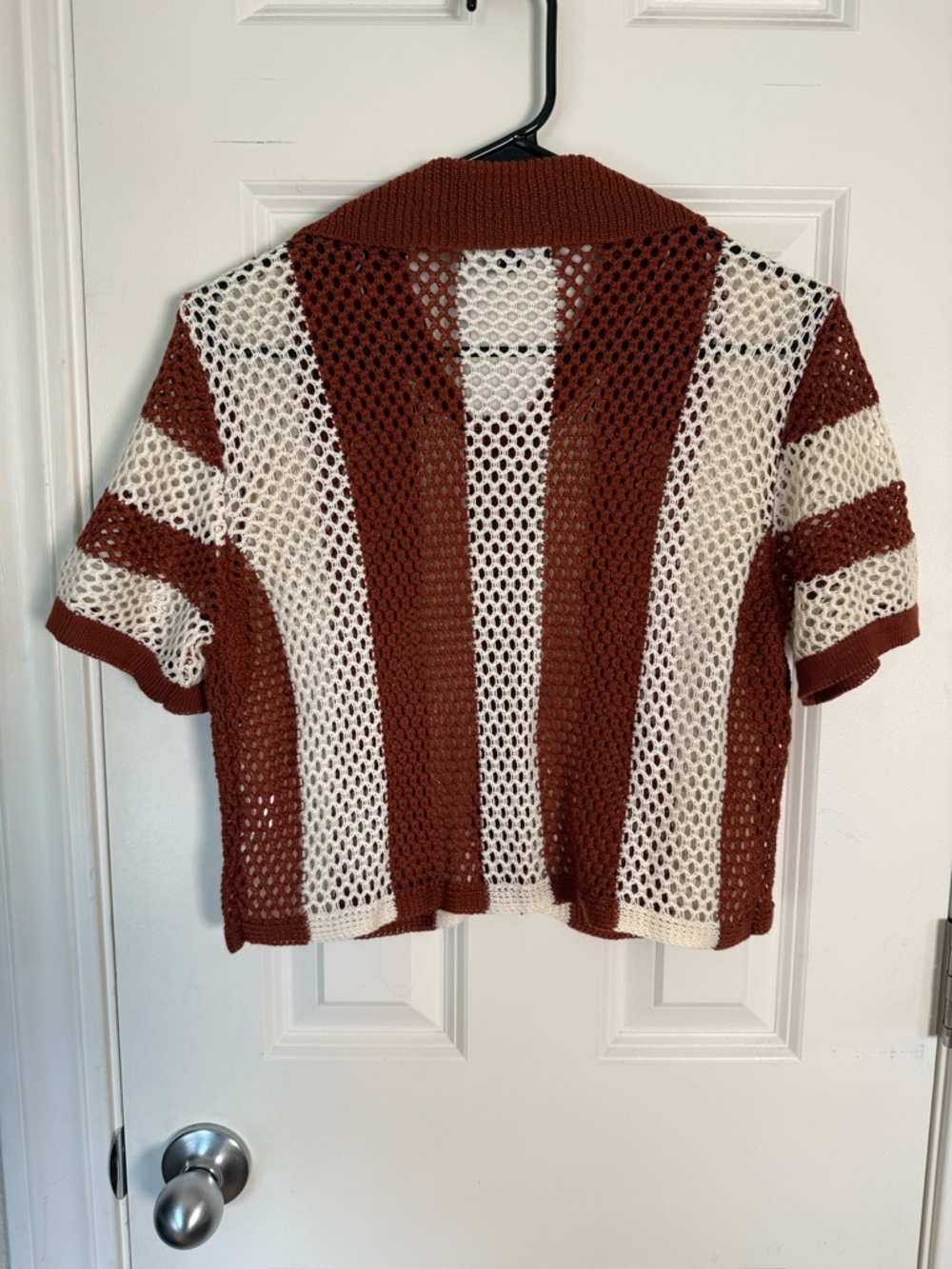 Lulu's Rust & Cream Open-Knit Striped Button Cardigan - Picture 3 of 3